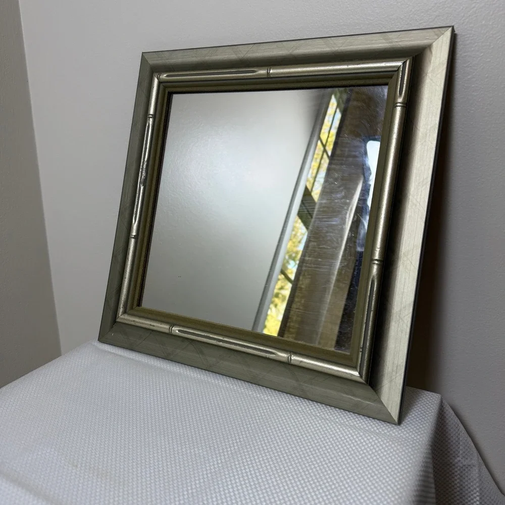 Silver Champagne Faux Bamboo Square Wall Mirror Hollywood Regency‎ 13.5x13.5